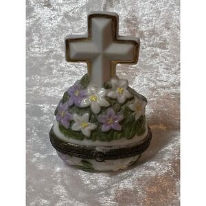 Midwest Cannon Falls Easter Cross Trinket Box Lillies His is Risen Hinged Cross